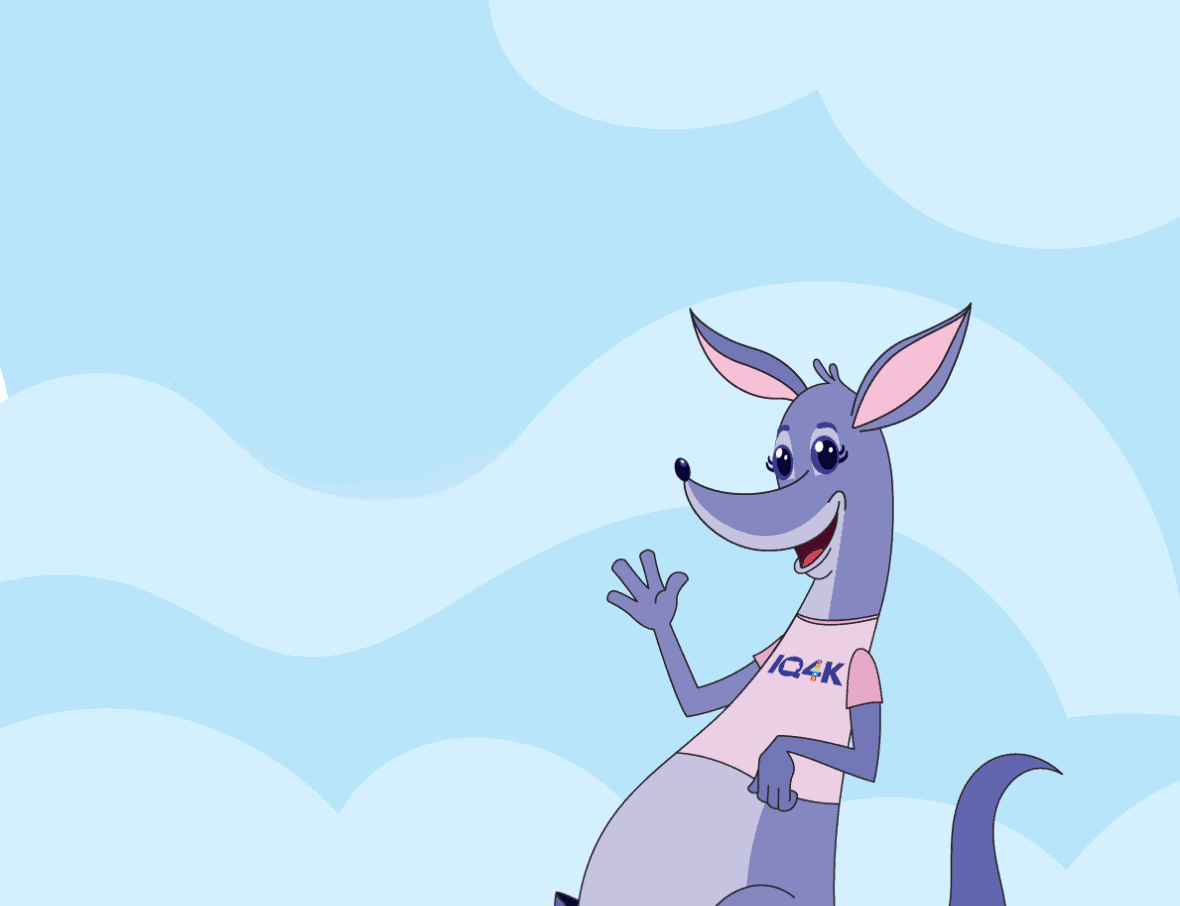 Cartoon kangaroo mascot for Iowa Childcare Resource & Referral with sky background.