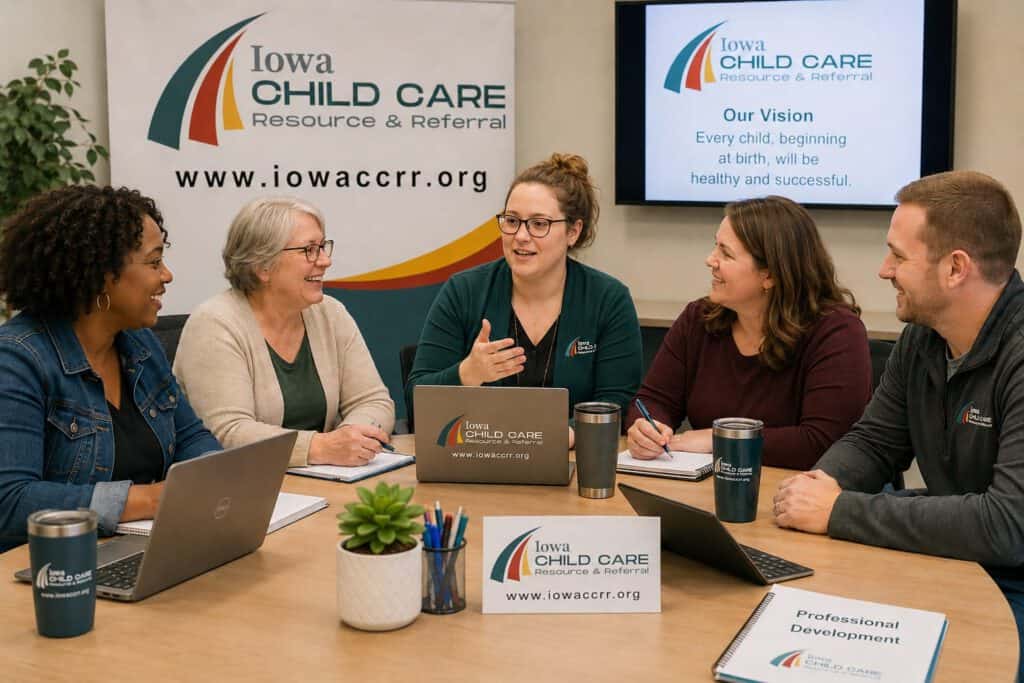 Group of professionals discussing at Iowa Child Care Resource & Referral meeting.