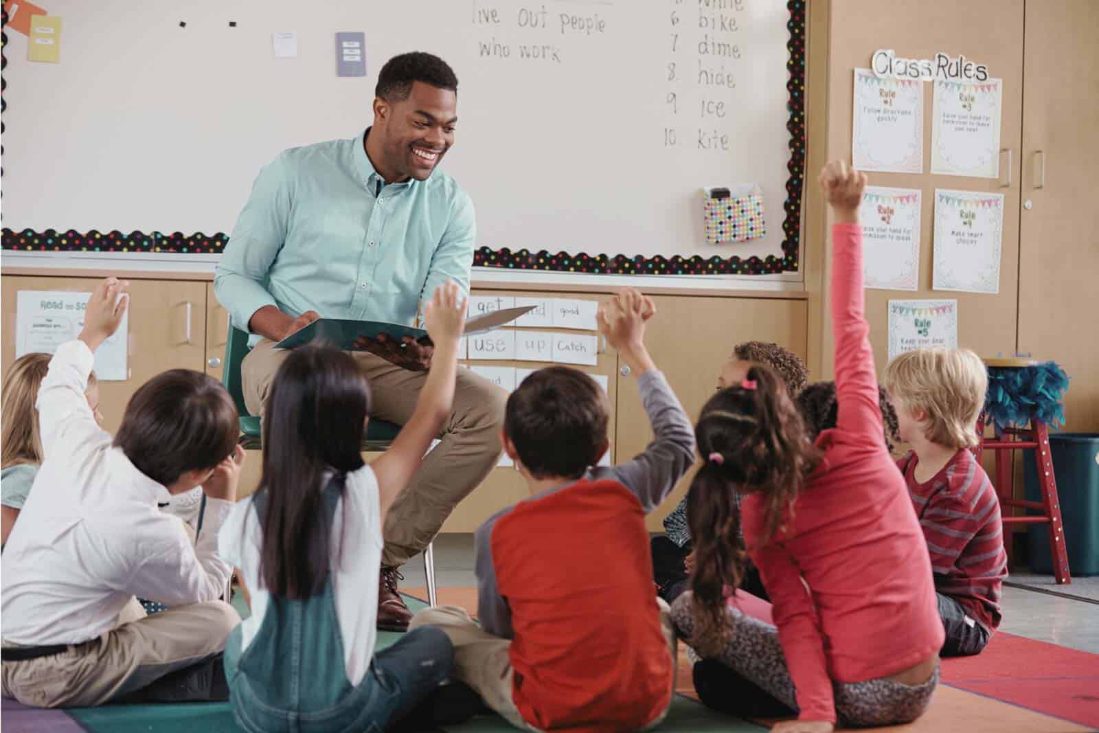 Teacher engaging children in classroom activity about rules and behavior.